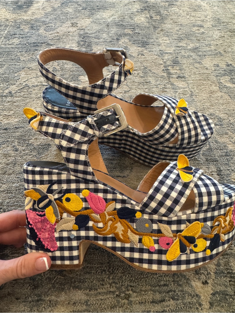 Laurence Dacade Paris Gingham Floral Embroidered Platform Sandals | Size 39.5